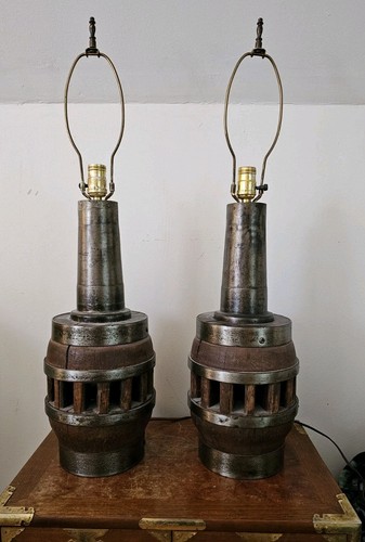 Antique Oak Iron Wooden Wagon Wheel Hub Wood Table Lamp, Set of two - Picture 2 of 3