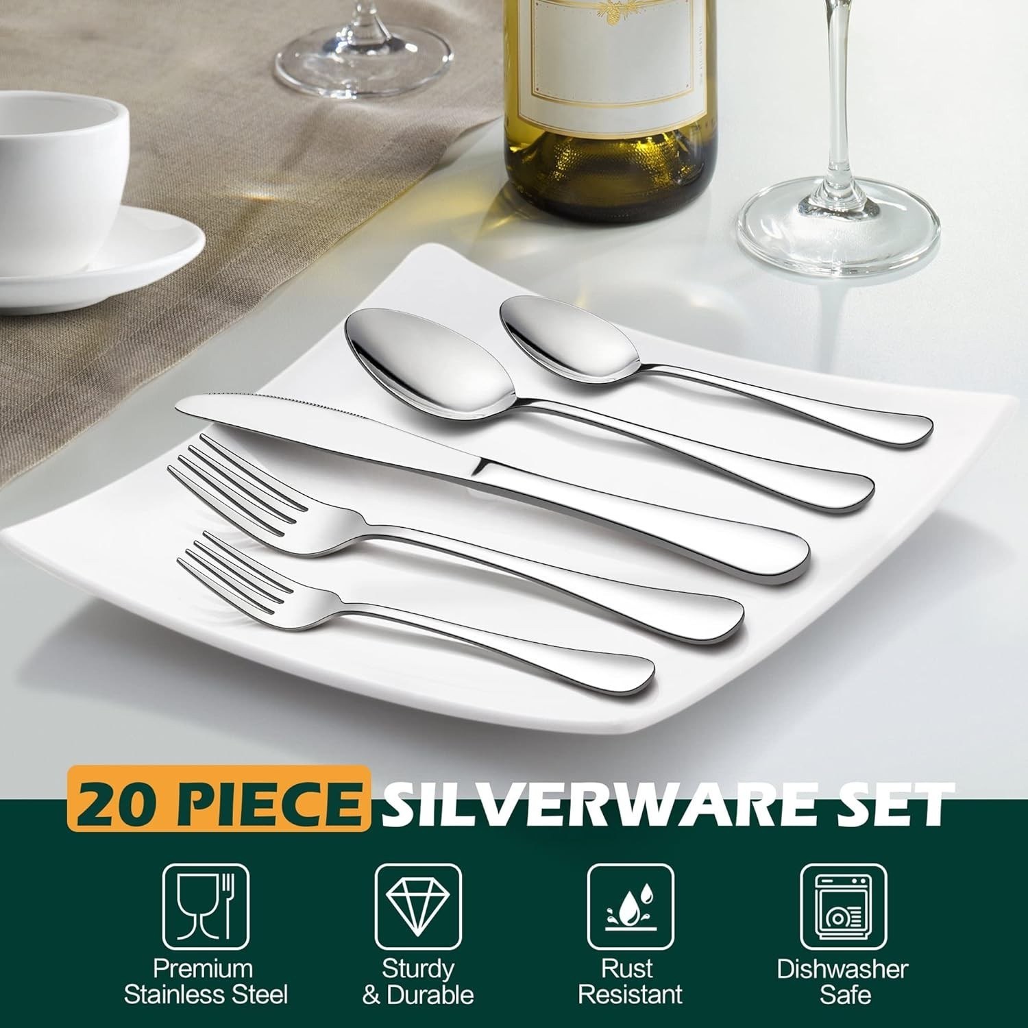 20-Piece Stainless Steel Flatware Set with Mirror Finish - Dishwasher Safe