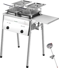 Stainless Steel Propane Fryer - Dual Tank, Thermometer, 2 Baskets, Adjustable