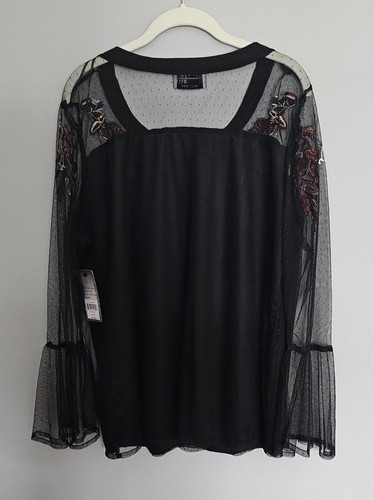 NWT Ruff Hewn Black Swiss Dot Floral Embroidered Mesh Bell Sleeve Semi-Sheer Top - Picture 8 of 14