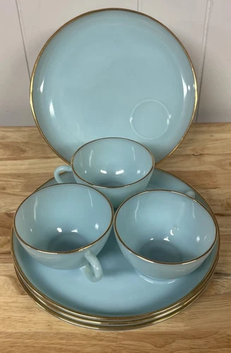 3 Vintage Blue Delphite Fire King Cup And Snack Plate Set Gold Rimmed 1950's