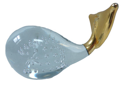 SPERM WHALE ARTGLASS HAWAII SCULPTURE CLEAR GLASS PAPERWEIGHT + GOLD COLOR TAIL