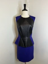 Nicole Miller Collection Blue/Black Genuine Leather Panel Peplum Dress Size 12