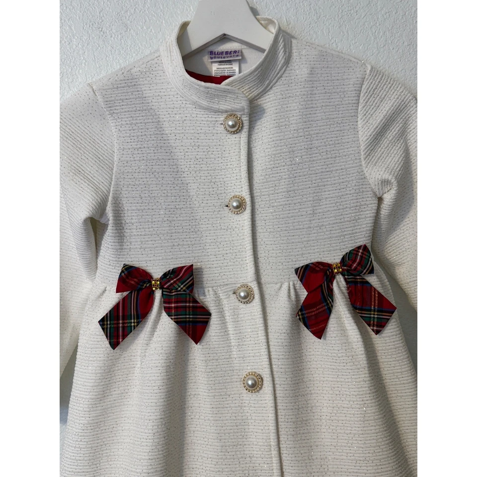 Blueberi Boulevard Girls 6X White Dress & Coat Set Plaid Holiday Pearl Buttons - Image 2 of 4