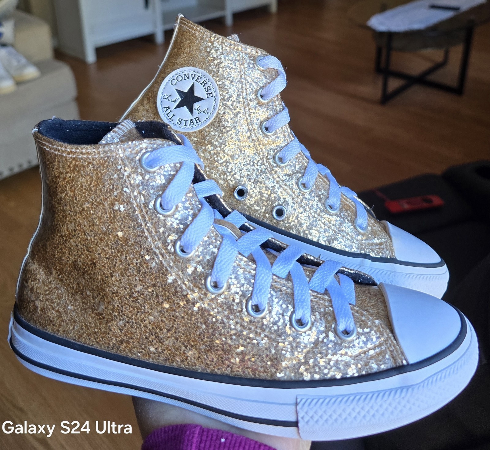 Sz 2 Big Girl's CONVERSE CTAS HI GOLD GLITTERS Casual Shoes thumbnail 3