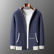 100 Men's Wool Cardigan Zipper Sweaters Thick Hooded Loose Jackets Coats Winter