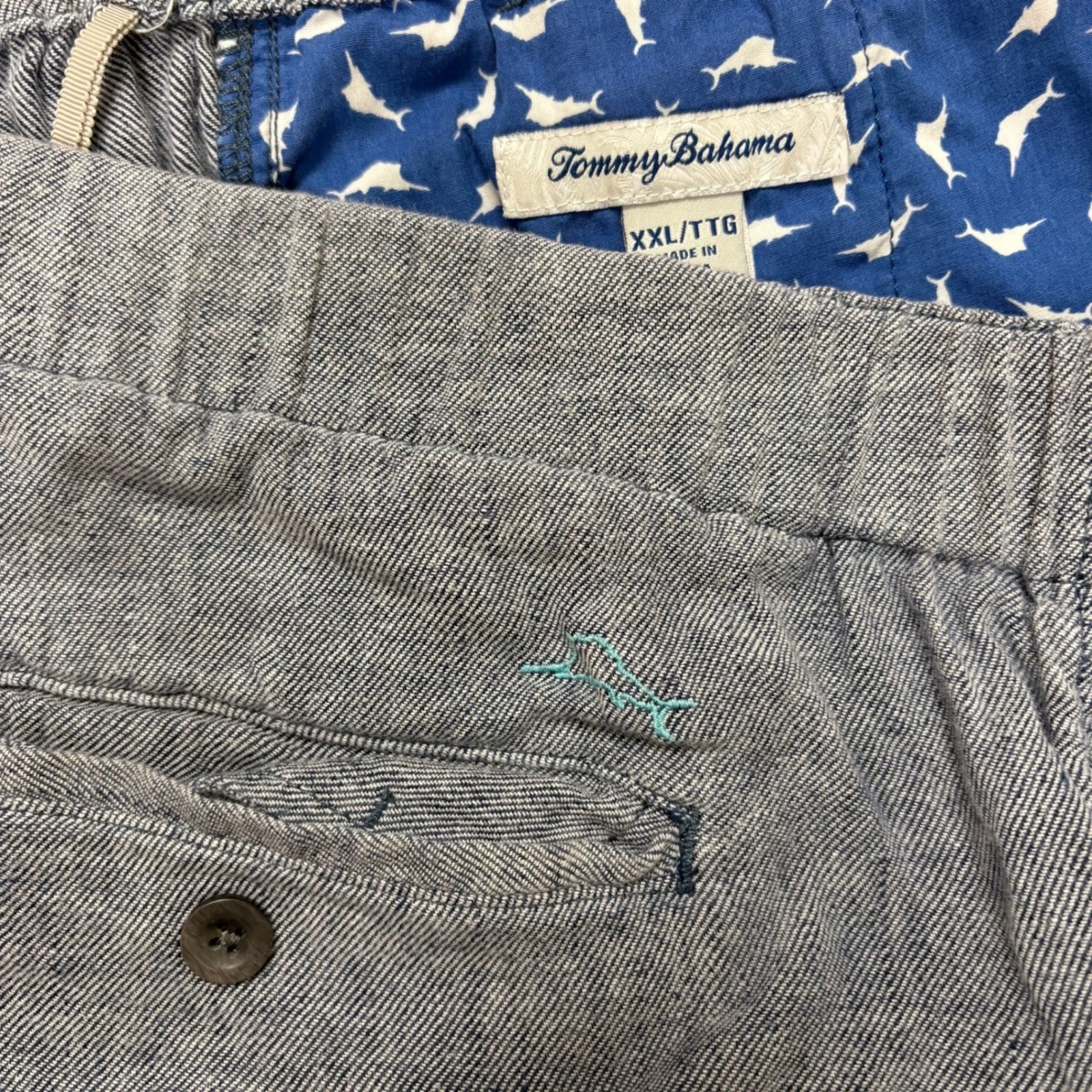 Tommy Bahama Linen Cargo Shorts Mens XXL Blue Grey Elastic Waist Drawstring
