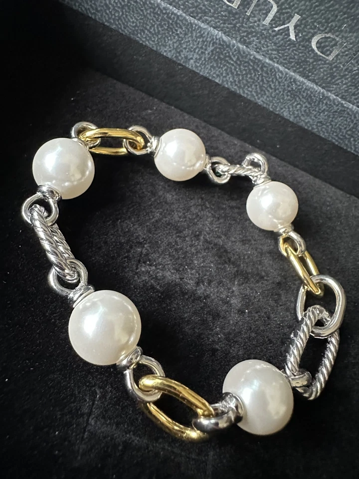 Brazalete David Yurman de plata de ley y oro amarillo de 18 quilates/perlas DY Madison 7,5" Foto 2 de 4