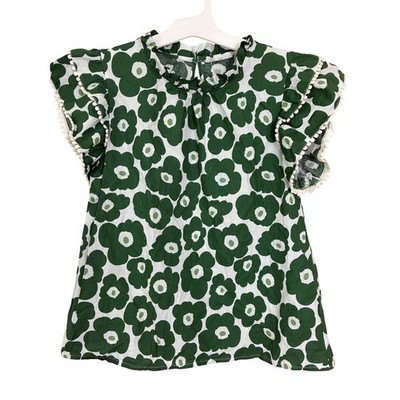 THML Floral Flutter Sleeve Top Womens M Green White Pom Pom Trim Ruffle Neck