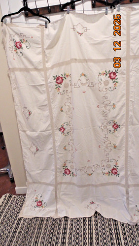 Embroidery Cross Stitch Ecru Tablecloth 78"L x 64"W (Flaws great to Repurpose)