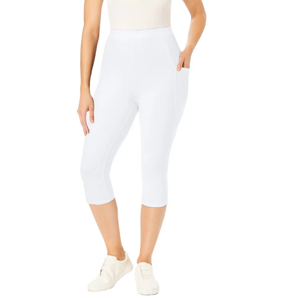Woman Within Petite Stretch-Cotton Knit Pull-On Pocket Capri Leggings - L, White