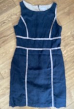 KENAR 14 Black Linen Fitted Knee Length Sleeveless Beige lined zip shift dress