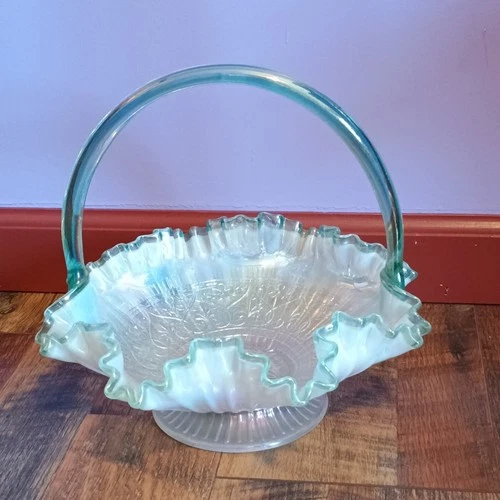 Fenton Crystal Ruffle Basket With Green Colored Handle And Trim