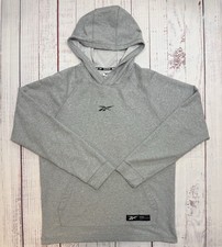 Reebok Logo Hoodie Sweatshirt Men's Size M Grey Logo Pocket Long Sleeve Pullover