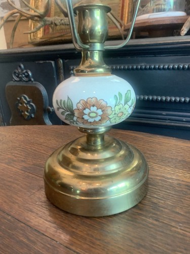 Vtg Floral Ceramic Brass Metal Hurricane Globe Candle Holder Lamp Glass Shade - Picture 7 of 24