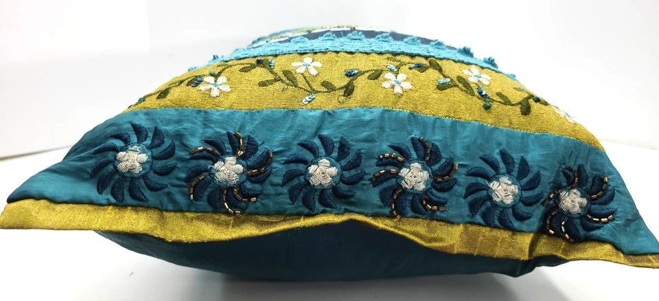 Pier 1 Imports Embroidered Beaded Teal Gold Lace Bolster Pillow - Image 2 of 4