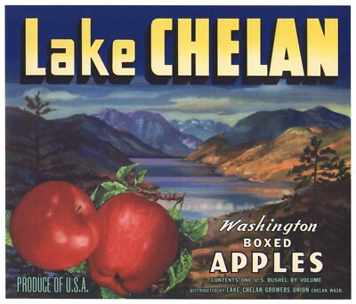 1940's LAKE CHELAN Vintage Washington Apple Crate Label, Scenic OLD + AUTHENTIC