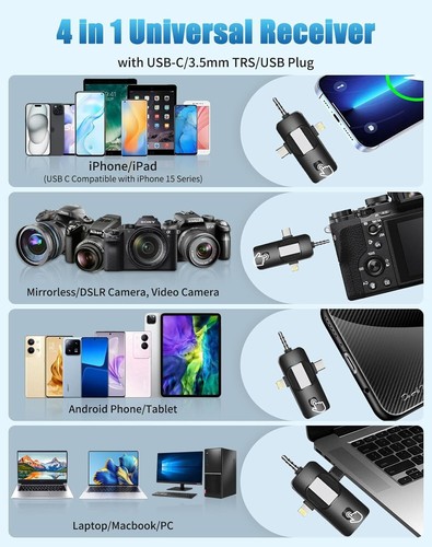 4in1 Wireless Mini Lavalier Microphone Video Recording for iPhone Android USB-C - Picture 2 of 13