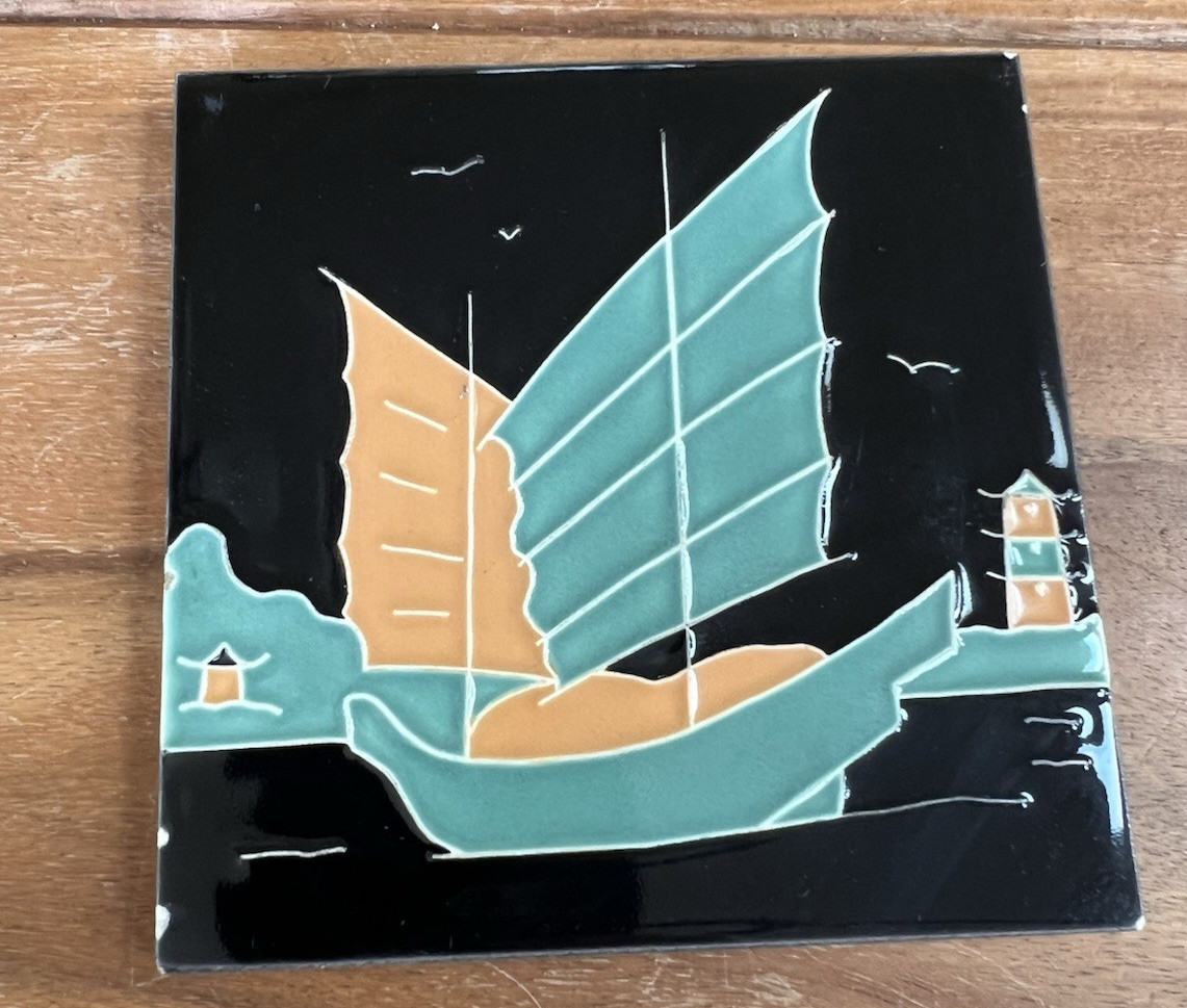 American Encaustic Tile Co  Boat And Pagoda Scene Decorative Tile Asian Style