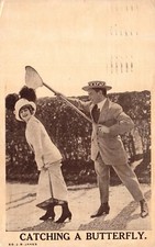 Vintage Postcard 1915 Catching A Butterfly Man and Woman Outdoor Sweet Lovers