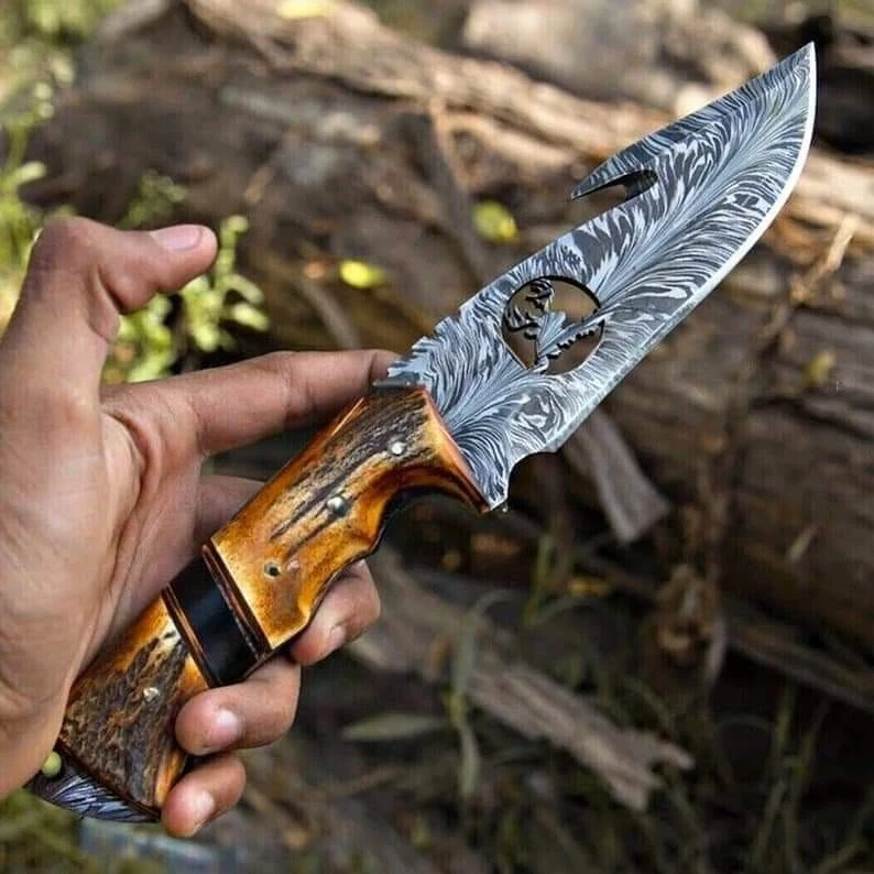 ASS Custom Handmade Damascus Steel Blade Stag Horn Handle With Sheath