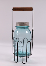 Vintage Blue Qt Ball Jar w/ Metal Wire Caddy Wood Handle Farmhouse