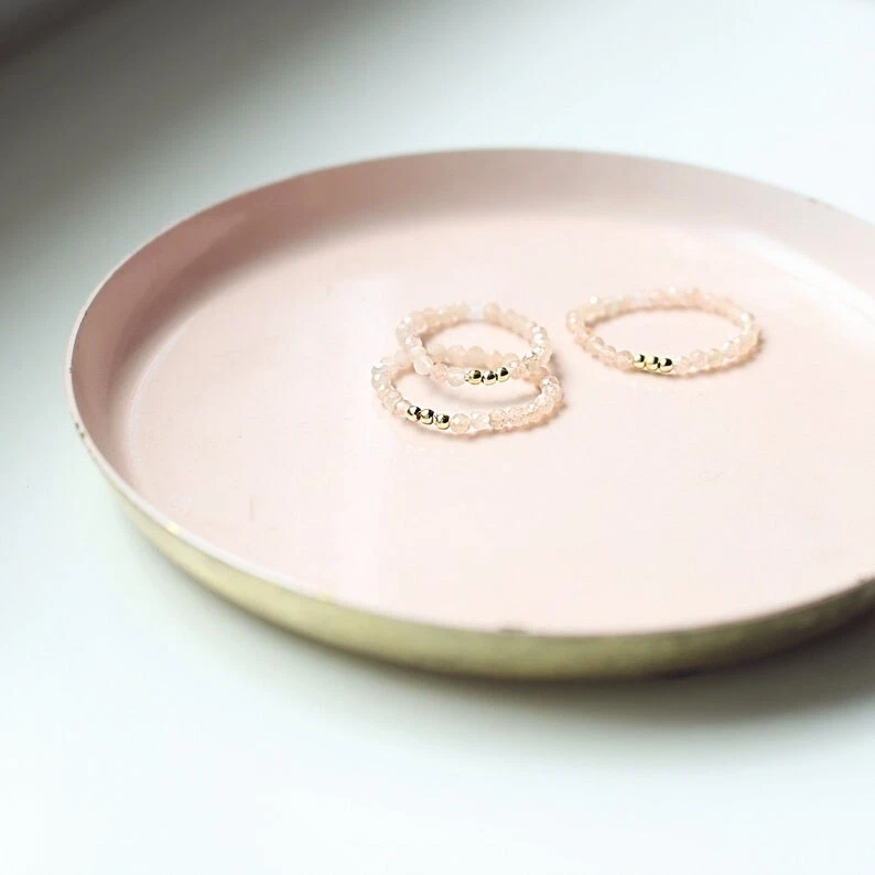 Dainty Sunstone Faceted Round Gemstone Beaded Stretchable Rings For Girls Women - Image 3 of 4