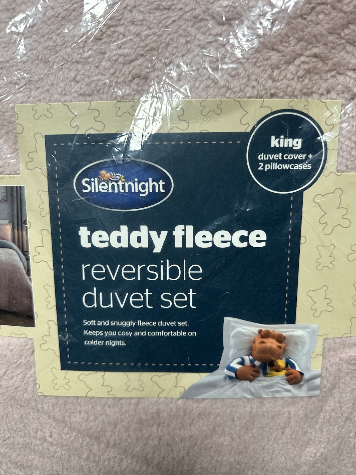Silent night Teddy Fleece King Duvet Set Blush & Silver Pink Grey
