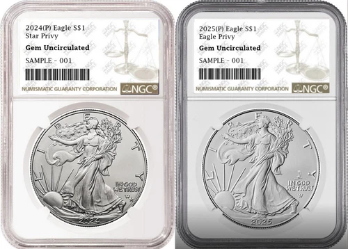 2 coin set 2024 and 2025 p silver eagle with privy ngc gem uncir brown  presale