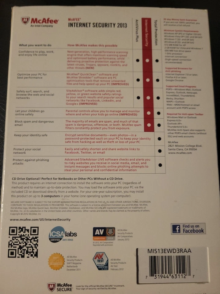 McAfee Internet Security 2013  1 Year 3 PCs  Retail Box Disc For Windows XP 7 8 - Image 3 of 4