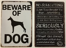 8x12 TIN SIGNS 2 pc SET Beware dog no soliciting funny vintage plaque poster new