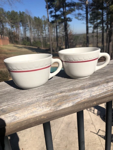 Syracuse China Restaurant Ware White Red Stripe Econo Rim Coffee Cup Lot Of (2)