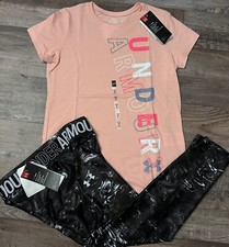 NWT Under Armour YLG Girls Black/Peach/White Big Logo Print Leggings Set