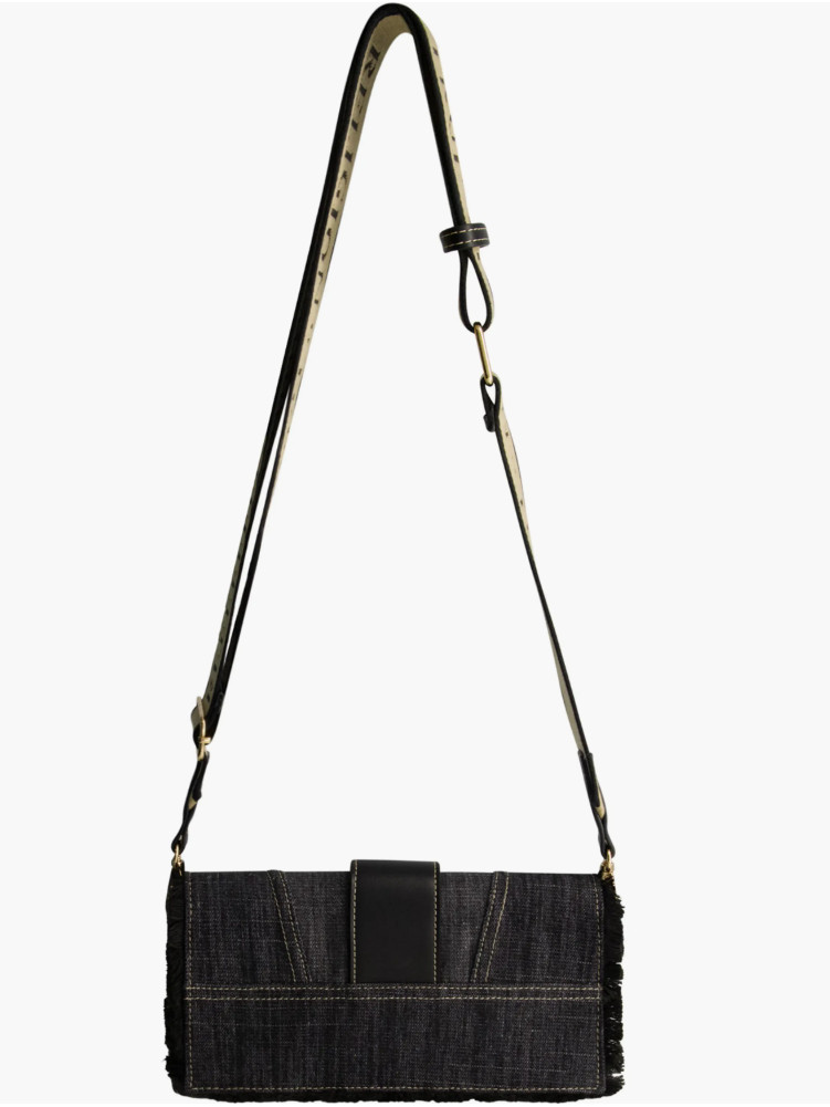 TRUE RELIGION Frayed Black Denim Flap Crossbody Handbag Gold Horseshoe Logo NWOT thumbnail 2