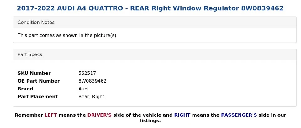 AUDI A4 QUATTRO 2017-2022 - Regulador ventana trasera derecha 8W0839462 Foto 4 de 4