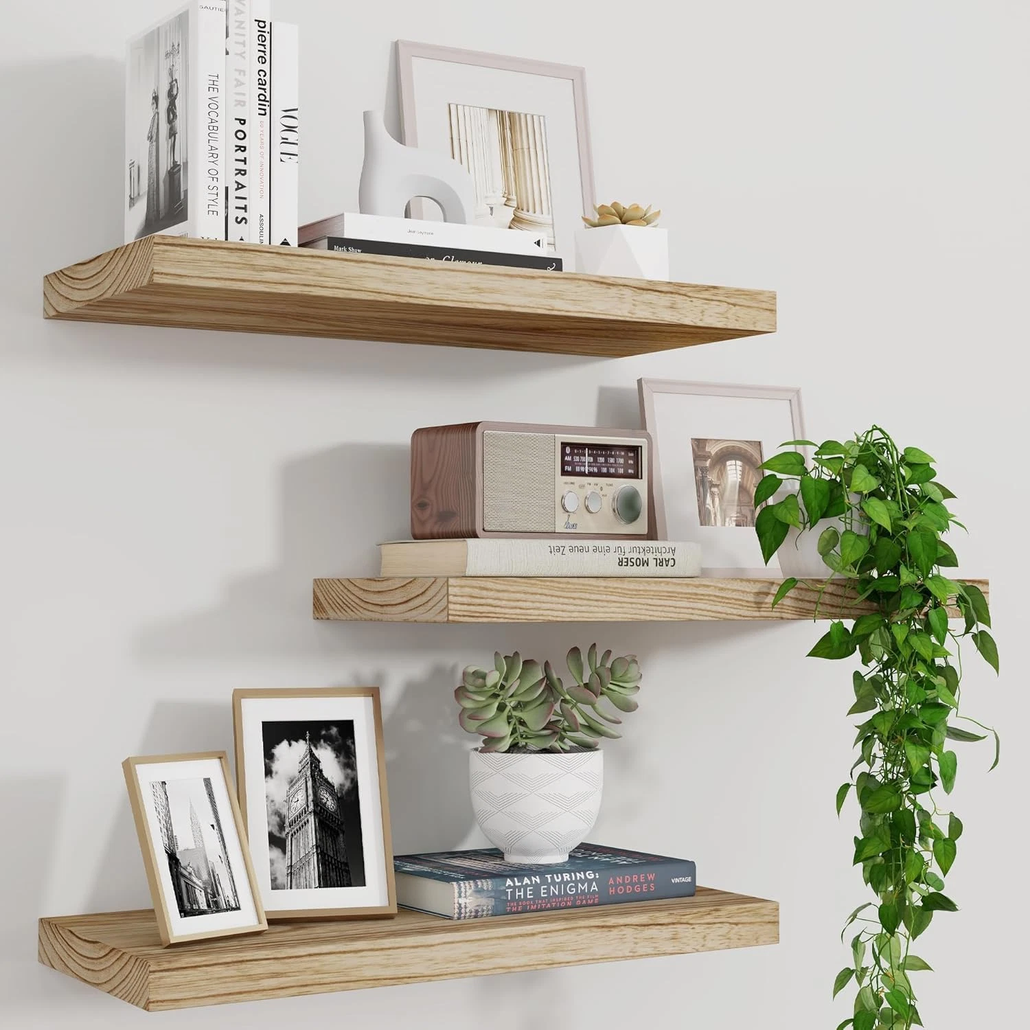 Wood Floating Shelves for Wall Set of 3, 17 Inch Wide Rustic Wooden Floating She