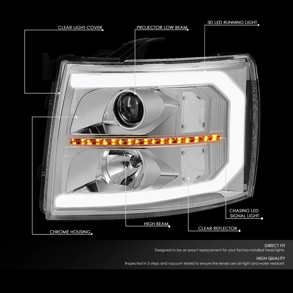 For 2007-2014 Silverado 1500 LED DRL Tube Sequential Signal Projector Headlight - Image 2 of 4