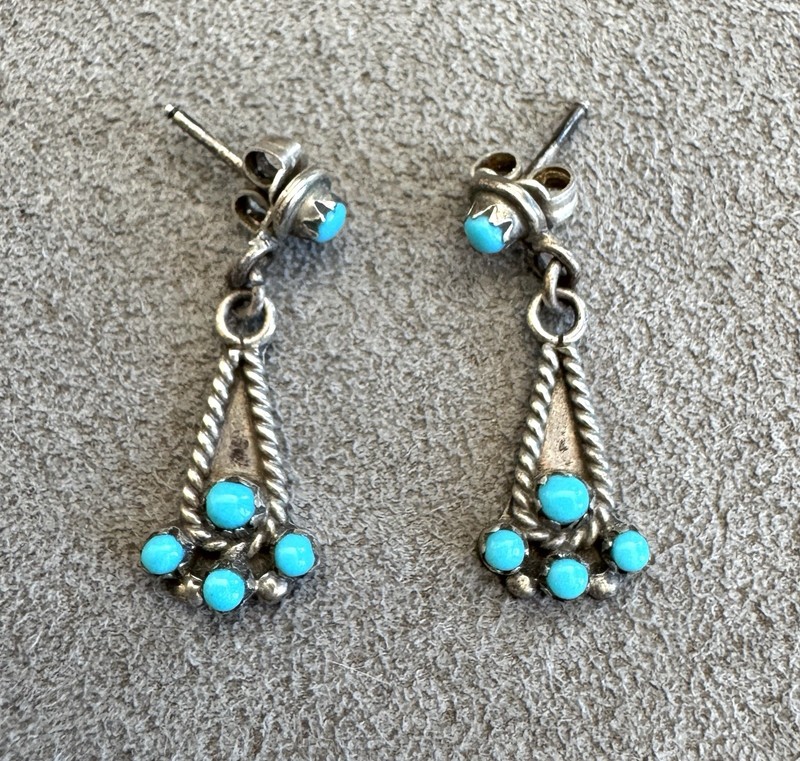 Vtg NATIVE AMERICAN Zuni TURQUOISE Sterling Silver DANGLE EARRINGS 1" Snake Eyes