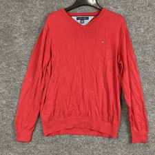 Tommy Hilfiger Mens Large Red 100 Cotton V-Neck Long Sleeve Sweater