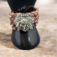 Leather Crystal Rose Cuff Bracelet Adjustable Boho Western Edgy Glam Statement