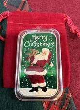 Vintage 1995 RAREP Merry Christmas 1 oz Silver Enamel Art Bar  Santa .999 105.26 per troy oz