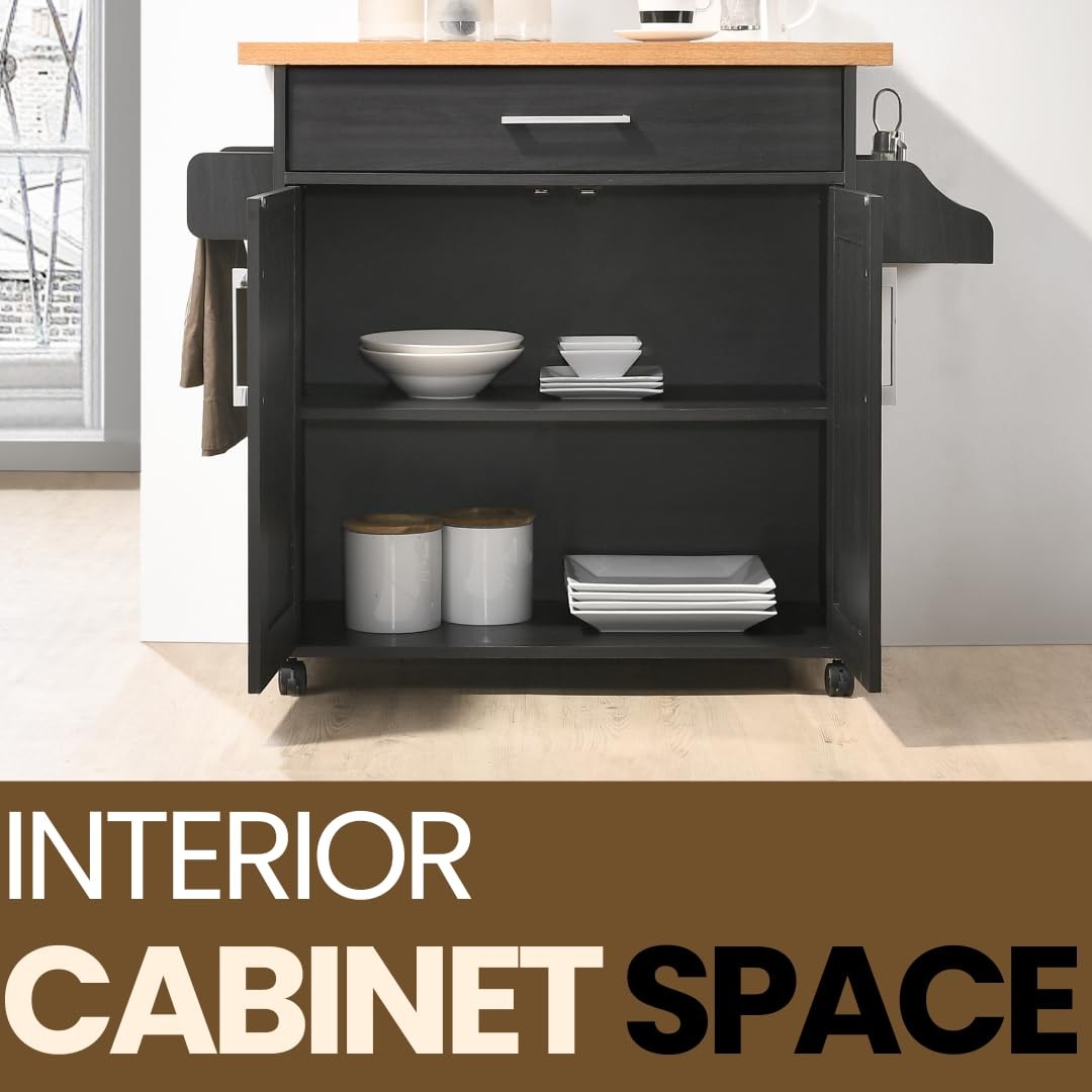 Hodedah Kitchen Island with Spice Rack, Towel & Drawer, Black Beech