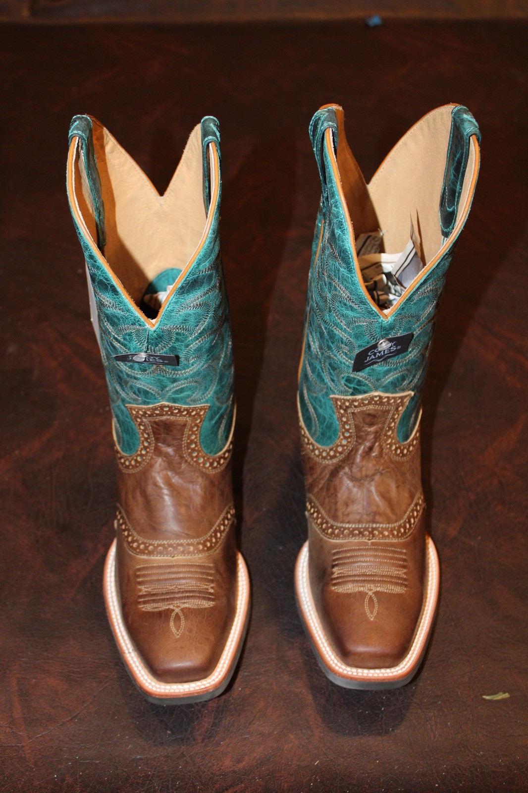 's Brown/teal Square Toe Western Boots. Size 9 1/2 D