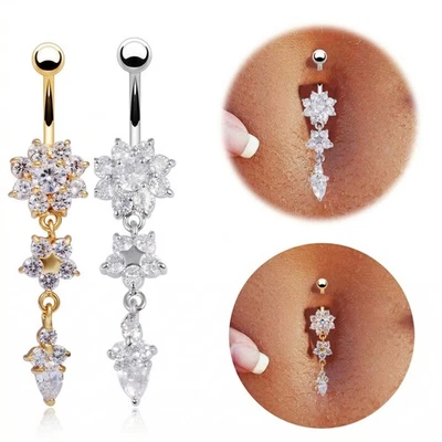 Belly Bars Button Piercing Bar Dangle Navel Body Jewellery Gem Ring Silver Gift - Image 1 of 4