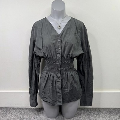 ARKET gesmokte Taille Popeline Bluse Langarm Hemd V-Ausschnitt Knopfleiste UVP 69£