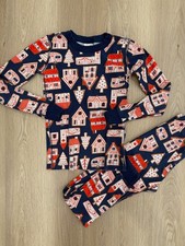 Hanna Andersson Girls Long John Pajamas  EUC  Sz 140 US 10  HOLIDAY HOUSES