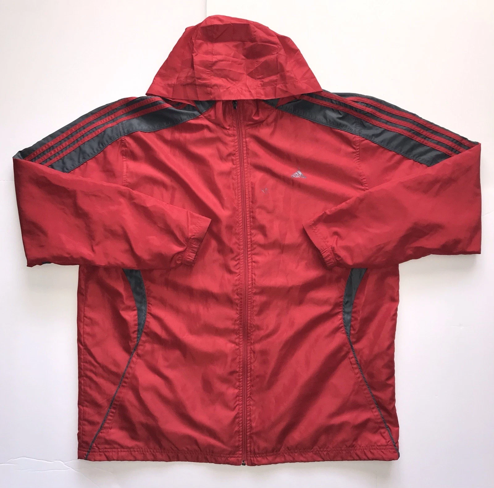 ADIDAS Windbreaker Jacket Mens 2XL Red Gray Full Zip Hooded 3 Stripes Climaproof