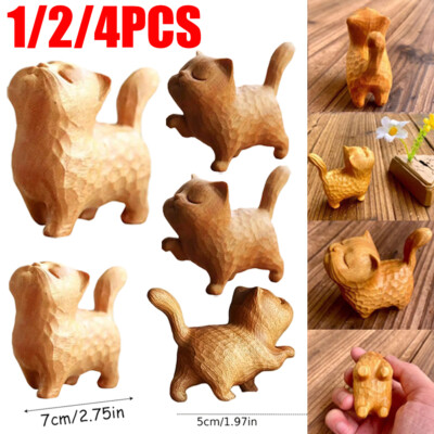 LOT A tsundere cat Wooden Statue animal Carving Wood Figure Decor Children Gift