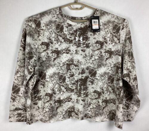 Under Armour Womens 2X Plus Size Rival Terry Printed Crew L/S Top Gray New