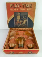 Vintage AKRO AGATE CO Play Time 8 pc Glass Dish Set Yellow #132 Child Tea w/ Box